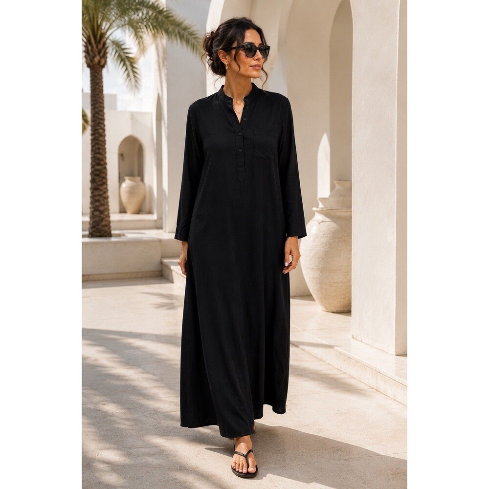Womens Black Maxi Dress Long Sleeve Modest Abaya Style Button Front Pocket - Picture 10 of 10